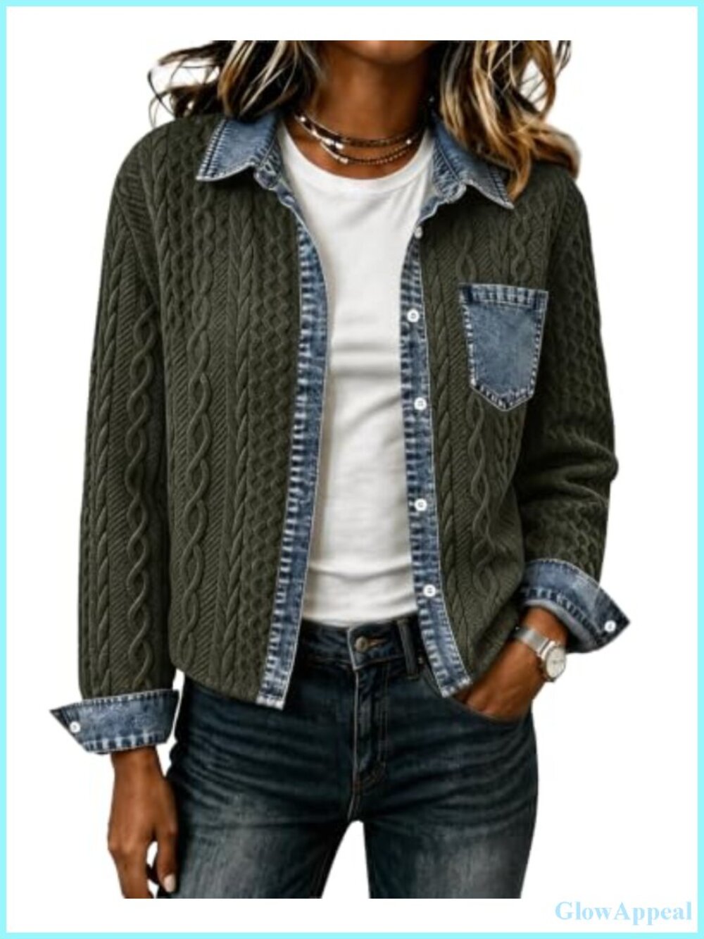 Women's Cropped Denim Bomber Jacket Cable Knit Shacket